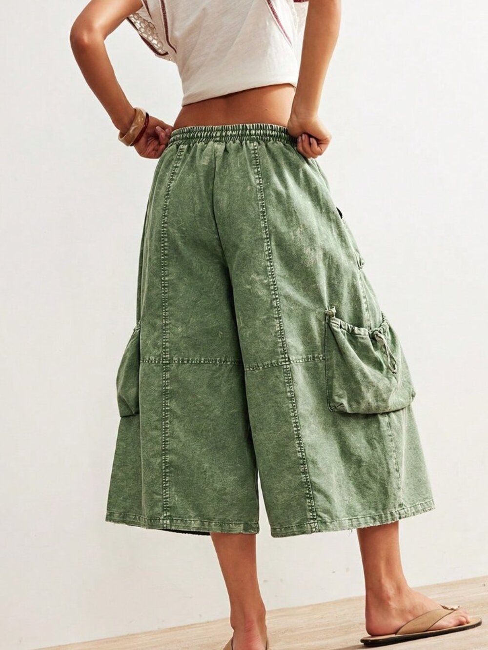 Green Boho Casual Women's Capri Cargo Pants - Picture 2 of 7